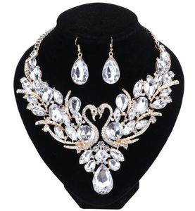Nuovo Fashion Luxury Multicolor Crystal Crystal Double Swan Dichiarazione Orecchino per i set di gioielli per matrimoni da donna7565519