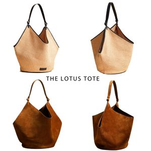 Khaite süet hamur tatlısı dükkanı lotus tote çanta tasarımcısı çanta inek klasik klasik erkek plaj debriyaj çantası kadın lüksler crossbody 10a raffias sepet omuz çantaları