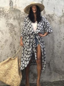 Cover -ups de biquíni para moda de banho feminina de praia estampada quimono com cinto e sole