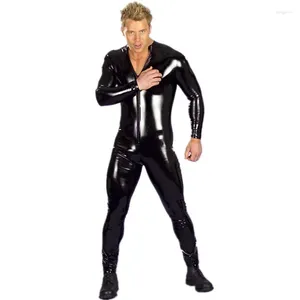 Мужские спортивные костюмы мужчины черный сексуальный фальшивый латекс кожаный зеркал поверхность растягивание передняя zip открытая комбинезоны мужчина мокрый вид