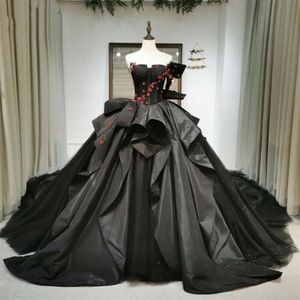 Gelinlik siyah gotik balo elbisesi kırmızı boncuklu yay tatlım uzun katedral gelinlikler vintage korse saten ve tül gelin elbise 2022 s