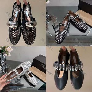 Designer Sapatos de luxo Mulheres Ballet Flats Alala Hollow Out Mesh Sandal Mules Round Head Shortne Rivet Buckle Mary Mary Leather Jane Shoes Shoes Shoes Shoes
