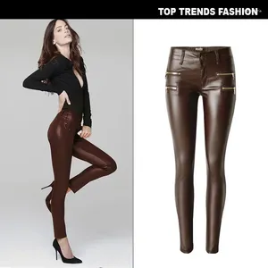 Женские джинсы Женские брюки коричневые брюки с низкой эластичной талией с двойными молниями кожа для женщин