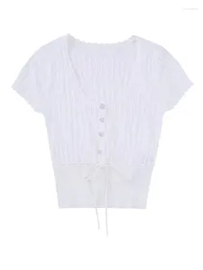 Bloups feminina meninas 2024 Summer Ruffles elegante o-pescoço de pêlos curtos de manga curta alta cintura branca tampas brancas elásticas de renda preta para cima