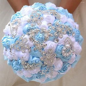 Fiori del matrimonio Janevini scintillante Silver Crystal Sky Blue Bouquet de Mariage Satin Roses Luxury Rhinestone Pearls Bridal Bouquet