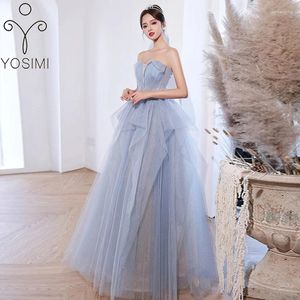 Sıradan elbiseler Yosimi-Strapless Prenses Elbise Kadınlar için Kat Uzunluğu Balo Elbise Doğum Günü Partisi Gece Mavi Kolsuz Düğün