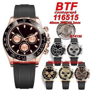 BTF Süper Saatler 116515 Cosmograph Gül Altın 904L 40mm THK12.2mm BT4130 Otomatik Kronograf Erkekler İzle Siyah kadran Kauçuk Kayış Bents Hollwatches