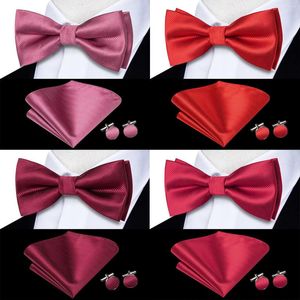 Bow Ties Hi-Tie İpek Erkek Kravat Hanky ​​Kufflinks Set Gül Kırmızı Bordo Maroon Ön Bağlı Kelebek Knot Bowtie Erkek Düğün İşletme