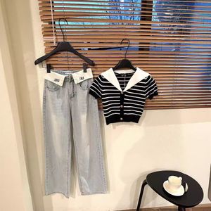 Miumi t Shirt Kot Set Donanma Yakası Çizgili Kısa Örgü Üstü, Denim Geniş Bacak Pantolonları Üzerinde Haddelenmiş ile Eşleştirilmiş