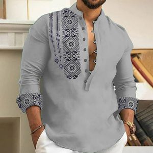 Uomini a manica lunga camicia a bottone a bottone sciolto Henley V-Neck Beach Tops T Shirts 240410