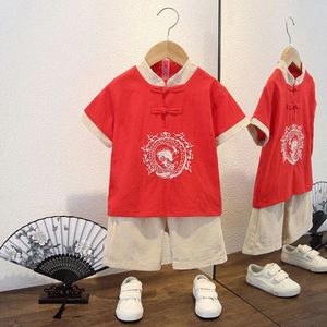 Giyim Setleri Çin Geleneksel Tang Takımı Erkekler için Ejderha Baskı Kısa Kollu Üst Pantolon 2 PCS Set Bebek Yılı Giysileri