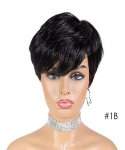 Kısa insan saç perukları pixie kesilmiş düz remy brezilya saçları siyah kadınlar için makine yapım renk ucuz glueless wig7590833