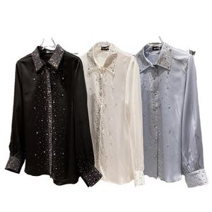 Yeni Kadın Moda Yatak Rhinestone Uzun Kollu Bluz Yamalı Shinny Bling Saten Fabricdesinger Gömlek SML