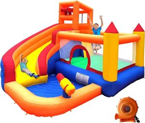 Huakastro Indatable Bounce House Water Slide с воздуходувка 5 в 1 на заднем дворе с брызг на стену для скалолазания.