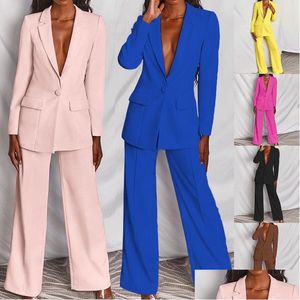 Kadınlar Suits Blazers Kadın Terzi Set Kırmızı Takım Elegante V yaka Blazer ve Geniş Bacak Pantolon Broek Plus Maat Twee Stuk Tailleur Femme Dhx6y