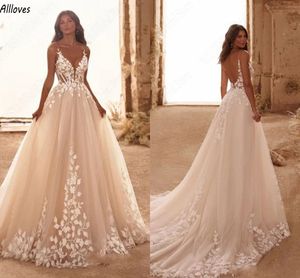 Champagner Tüll romantische Brautkleider mit Spaghetti -Straps Corset Eine Linie Spitze applizziert Boho Brautkleider Court Zug Rückenless Braut Vestidos de Novia CL3510