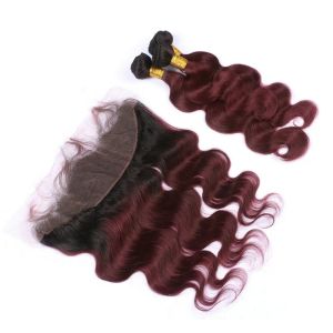 Atık 4pcs Lot 1B/99J Şarap Kırmızı İki Ton 3Bundles Frontal Vücut Dalgası ile Bakire Saç 13x4 Burgundy ombre Dantel Frontal Kapatma