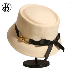 Beralar FS Beyaz Yün Düz Üst Balıkçı Şapkaları Şerit Yaylı Kadınlar İçin Şapkalar 2024 Bahar Fransızca Vintage Cap Bayanlar Küçük ağzına kadar havza fedoras