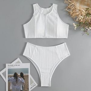 Frauen Bikini Sets sexy weiß gerippte Reißverschluss Frauen hohe Taillenböden Badeanzug Badeanzug Brasilianer 2024 Mujer Bather