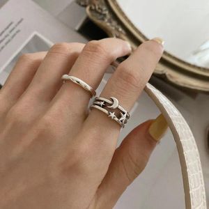 Küme Yüzük Kadın Moda Gümüş Kaplama Yıldız Moon Ring Kore Basit Sevimli Çok Katmanlı Kokteyl Partisi Çift Kadın Mücevher Hediyeleri