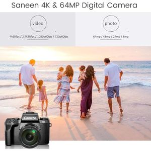 Цифровая камера SANEEN 4K с разрешением 64 -мегапиксельной сети, Wi -Fi, сенсорный экран, Flash, 32 ГБ SD -карта, крышка объектива, батарея 3000 мАч, передние и задние камеры