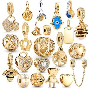 925 Gümüş Fit Pandora Charms Bilezik Boncuklar Cazibe Altın Renk Aile Ağacı Kalp Kolye