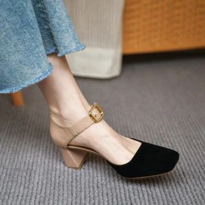 Sandalet Fhanchu 2022 Yakın Square Toe Sandalet, Moda Orta Topuklar Yaz İş Ayakkabıları, İçi Boş Çık, Ön Kayış, Kayısı, Bej, Dropship