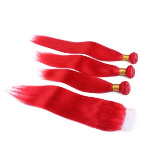 Окрашенные цветные пакеты для волос с красной девственницей с кружевными лобными закрытием 13x4 шелковистые прямые рыжие волосы наращивания спереди