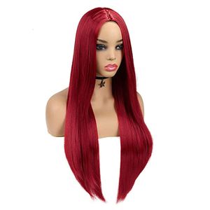 Человеческие вьющиеся парики парики модные женские механизированные волосы волокна высокая температура шелк многоцветный сплит длинные прямые волосы вино красное парик