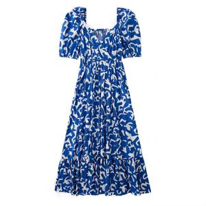 Şimdi stil yaz bayan giyim mavi baskılı kısa kollu poplin elbise 9598