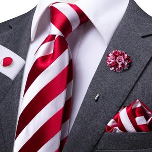 Rot weiß gestreifte Herren Krawatten Luxus 8,5 cm breit Seiden Hochzeit Krawatte Pocket Square Manschettenknöpfe Set Brosche Geschenk für Männer Hi-Tie 240323