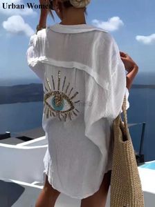 Vestidos casuais básicos verão casual lantejão de camisa de camisa de olho mulheres moda praia estilo botão solto proteção solar protetora de algodão vestido de camisa de camisa Mulheres 240419
