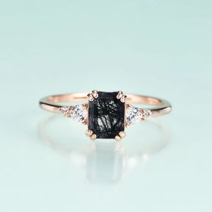 Gems beleza prata 925 ouro rosa puro 14 k anel de prata para mulheres preto rutilado quartzo anéis de luxo jóias finas 240323