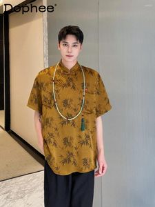 Erkek sıradan gömlekler 2024 yaz Çin saten boyama bambu baskılı kısa kollu düzensiz retro moda gömlek kıyafetleri