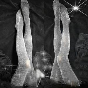 Летние тонкие супер блестящие серебряные шелковые чулки сексуальные открытые промежности для вечеринок клубы блестящие чистые трусики женские колготки 240408