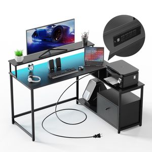 Home Office Computer Desk с ящиком файла, светодиодной полосой, розеткой питания