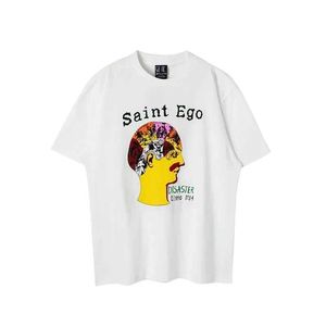 Erkek Tişörtleri 2024 Yaz Saint Michael Ego Baskılı Kova Dokuma Gevşek Yuvarlak Boyun T-Shirt Yüksek Sokak Retro Yıkalı Çift Kısa SLE J240419