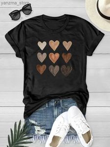 Женская футболка женская печать сердечного сердца шея на шейки с короткой Slve Sports Casual Top для летнего харадзюку Графическая одежда женская топ-капля корабль Y240420