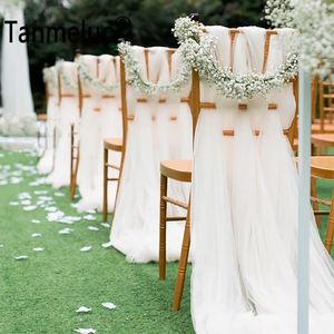 10pcs Beyaz Net Kumaş Tül Sandalye Düğün Etkinliği Dekartı Partisi Kemer Kemik Düğümleri Çiçek Yok 240407