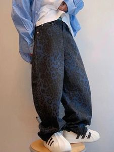 Calça masculina vintage lavado jeans de leopardo azul para mulheres americanas 2024 rua harajuku hip hop straight y2k calça casual