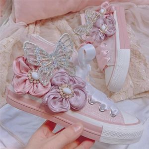 Sıradan ayakkabılar sevimli kızlar öğrenciler tuval bayanlar moda pembe çiçek spor ayakkabılar yüksek üst kısımlar nefes alabilen daireler