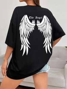 Koyu Angel Wing Graphic Baskılı Tshirts Kadınlar Gevşek Büyük Boy Hip Hop Sokak Tshirt Pamuk Kısa Kollu 240417