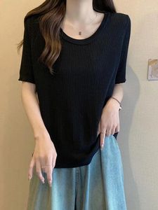 Suéteres femininos verão elegante camiseta de malha milha mulher 2024 moda elegante feminina chique tees tops de manga curta coreana malha coreana