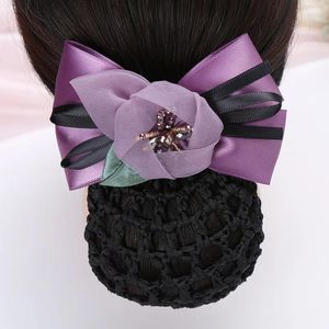 Şerit Çiçek Bowknot Saç Klipleri Kadınlar için Kristal Bun Net Snood Aksesuarları Zarif Bayanlar Hairgrips Barrette Takı