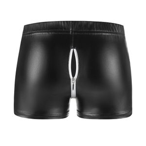 Erkekler seksi açık kasık iç çamaşırı yumuşak mat deri fetiş boksör kalça fermuarlı porno kasıksız elastik bel sissy kısa pantolon sexi 240419