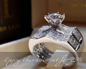 2019 Yeni Varış Lüks Takı 925 STERLING Gümüş Çift Halkalar Pave Beyaz Saphire CZ Diamond Women Düğün Gelin Yüzük Seti L4739566