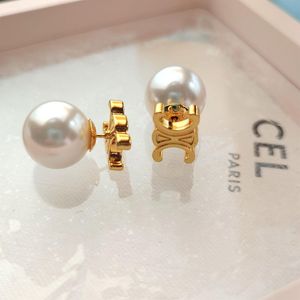 Lüks büyük inci ce marka mektupları tasarımcı küpeler kadınlar 18k altın saplamalar zarif cazibe elmas çift tarafı top aretes küpe küpe kulak yüzük takı hediyesi