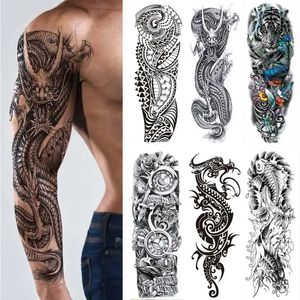 Мужские временные татуировки крупные рукава наклейка татуировки Dragon Tiger Fish Full Skull Totem Wolf Водонепроницаемый фальшивый татуй для женщин 240418