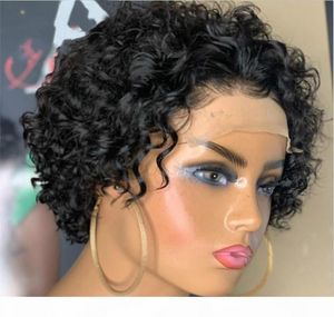 Pixie Cut Краткое вьющее парик 44 закрытие кружевные парики для волос с бразильским Реми 8 КОТИНЧ ЧЕЛОВЕКИ