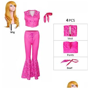 Giyim Setleri Toddler Bebek Karakter Kostüm Barbi Rol Oyun Yelek ve Pantolon Set Pembe Kızlar Tatlı Margot Robbie Film Dresp Dro Dhsxv